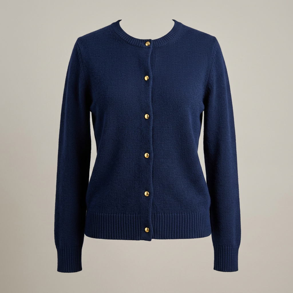 Illustrative AI-generated image of a women's navy classic cardigan