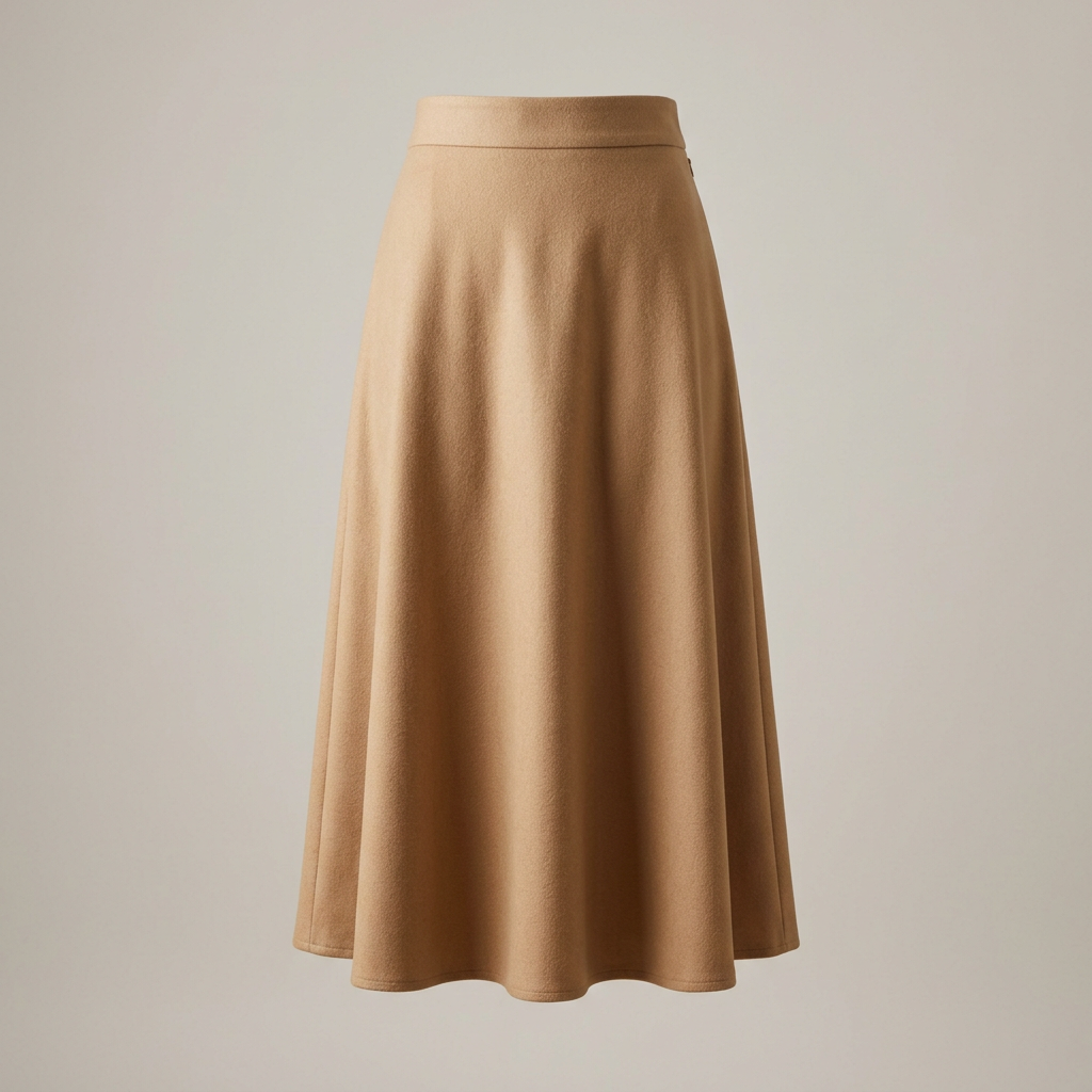 Illustrative AI-generated image of a women's camel A-line midi skirt