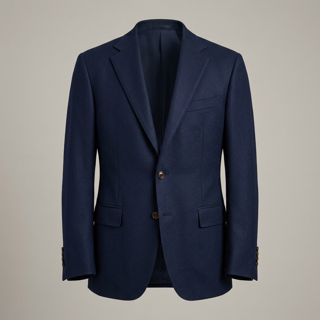Illustrative AI-generated image of a men's classic navy tailored blazer
