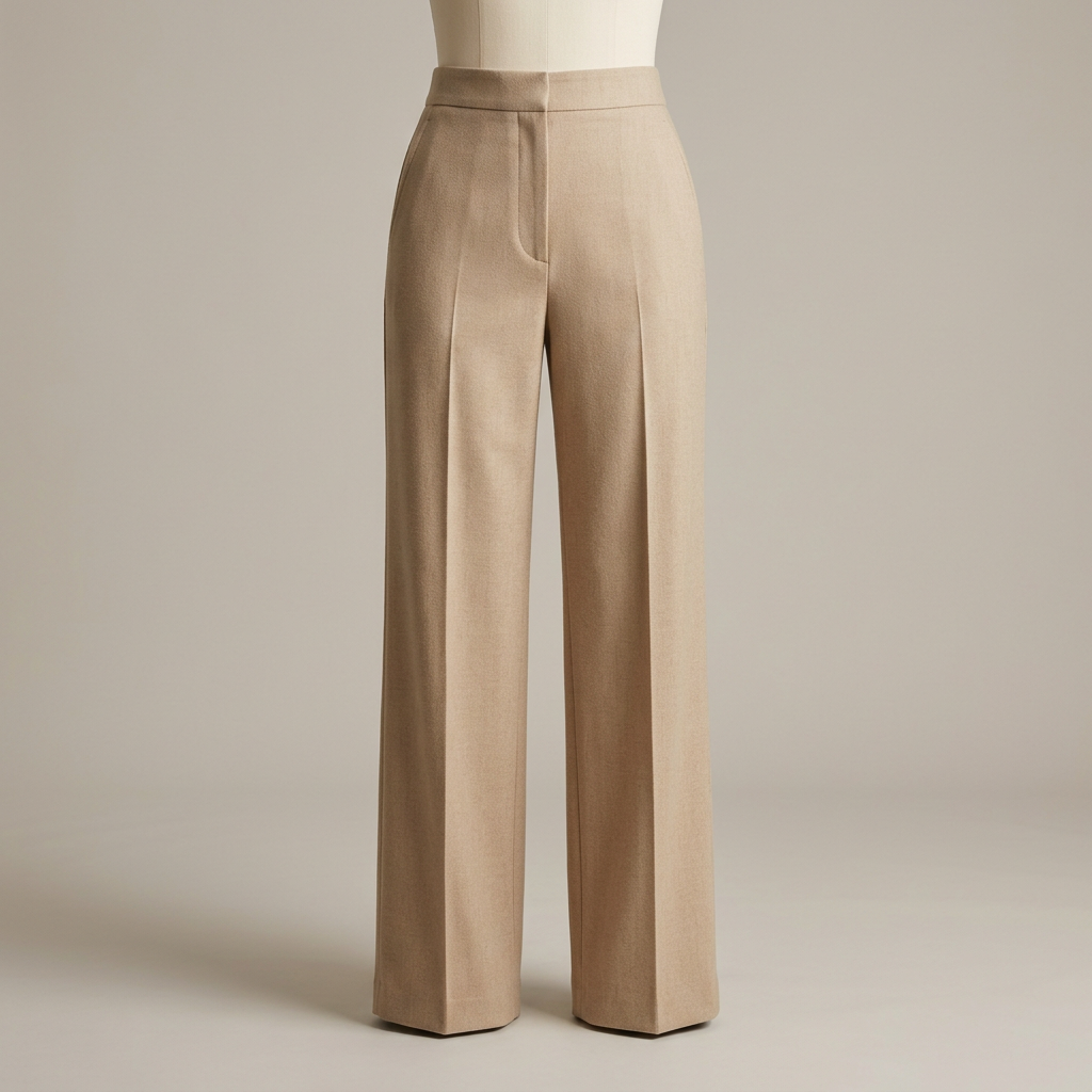 Illustrative AI-generated image of women's beige wide-leg tailored trousers